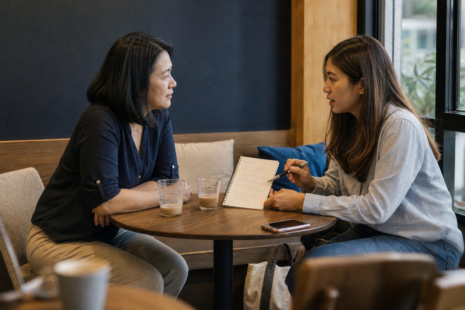 Two women sharing guidance over handwritten notes