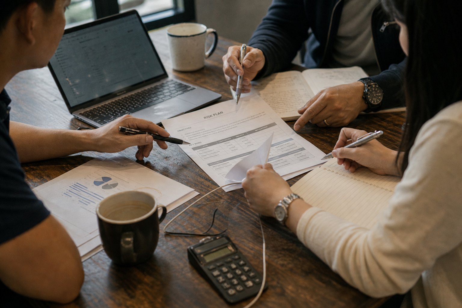 People working through a risk plan around a table